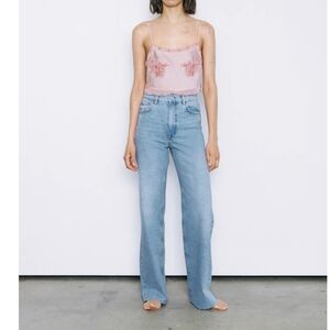 Zara High Rise Full Long Wide Leg Denim Jeans Size US 6 Blue 100% Cotton Baggy